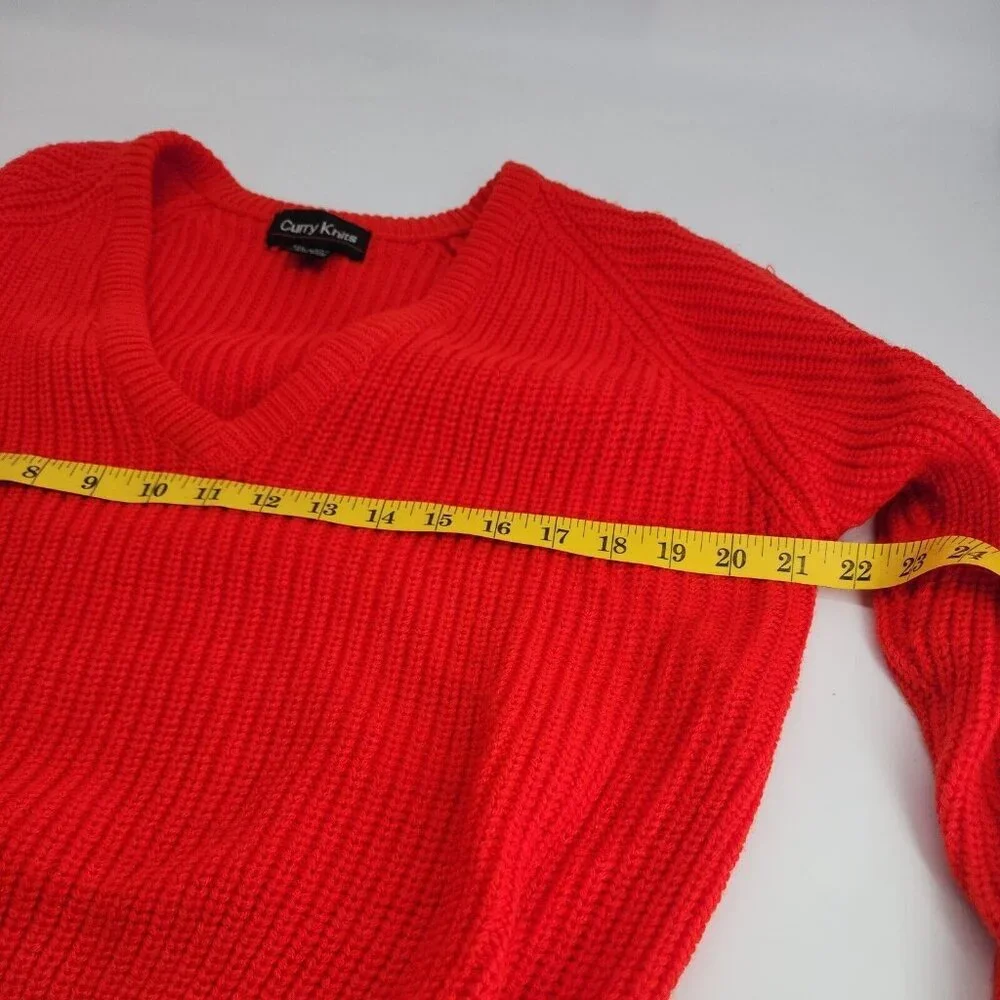 Curry Knits V-neck Cable Knit Bright Red Sweater Unisex  size M - Picture 5 of 7